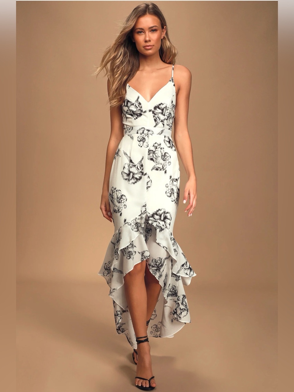 Lulu's Darling Daylily Black and White Floral Print High-Low Maxi Dress